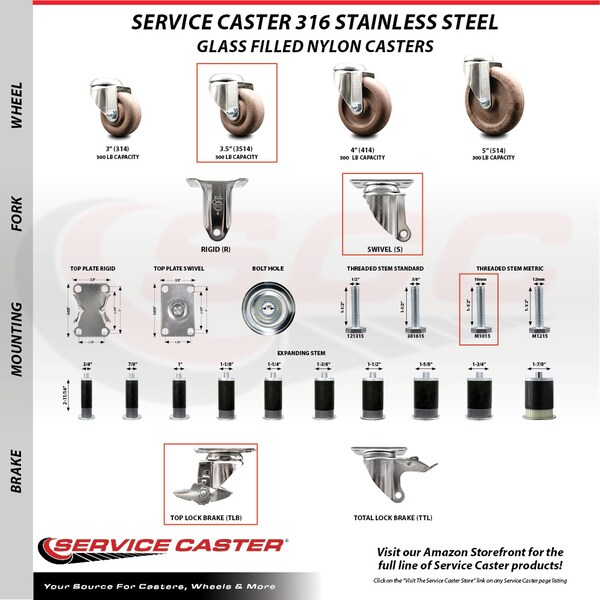 Service Caster 3.5 Inch 316SS High Temp Glass Filled Nylon 10mm Threaded Stem Caster Brake SCC-SS316TS20S3514-GFNSHT-TLB-M1015 - main
